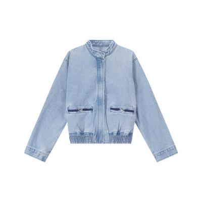 China 2022 New Style Women Denim Jacket Stand Collar Breathable Bomber Style Fashionable Denim Jacket Ladies for sale