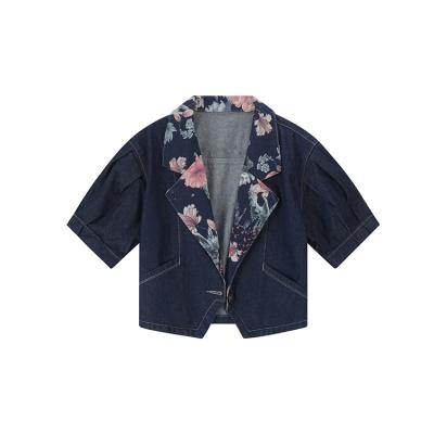 China Custom Logo Ladies Denim Jacket Floral Printing Breathable Customized Half Sleeves Drop Shoulder Women Denim Jacket for sale