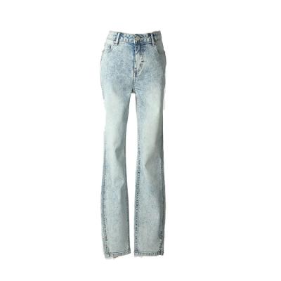 China Color Fade Proof Custom Logo Ladies Mid Waist Denim Skinny Acid Wash With Split Edge for sale