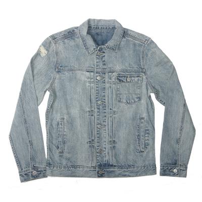 China Wholesale Mens Fashion Distressed Light Blue Mens Denim Breathable Jacket for sale