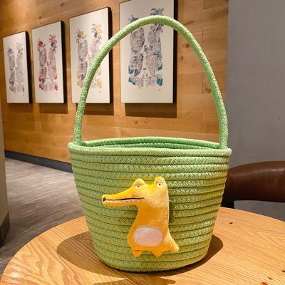 China Cute Stored Toy Storage Basket Cloth Storage Basket Bins Cotton Folding Cotton Rope Storage Basket With Handles for sale