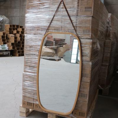 China North America Modern Style Wood Frame Mirror 40x60cm Wall Hanging Mirror Brown Special Oval Wall Decoration Mirror With Leather Belt for sale