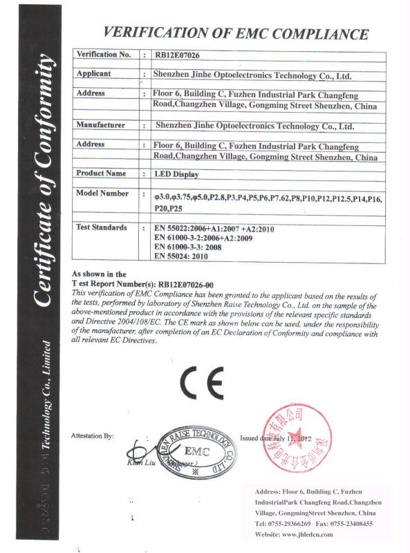 CE Certificate of Led Display - Shenzhen Jinhe Optoelectronics Technology Co.,Ltd