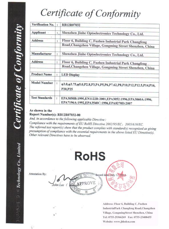 RoHs Certificate of Led Display - Shenzhen Jinhe Optoelectronics Technology Co.,Ltd