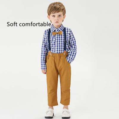 China 2021 New Amazon Gent Casual Cotton Shirt And Suspenders Lattice Bow Tie 2 Pcs Suit Boys Clothing Sets for sale