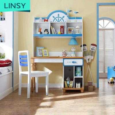 China Solid Wooden Leg Linsy Baby Room Child Kids Study Desk With Shelf Wooden Kids Furniture Set Children's Cabinets Desk Executive Bookcase DF1V-B for sale