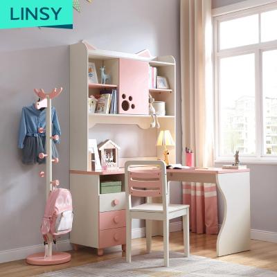 China Linsy Multi-Functional Home Multi-Function Wooden Shelf Storage Bedroom Furniture Pink Corner Multi-Function Bedroom Furniture Study Desk With Beam Girl Study Table Ea2V for sale