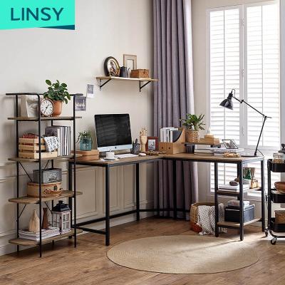 China Linsy Convertible Study Table For Kid Wooden L Shape Desk Calculates Wooden Reading Table Study Office Computer Desk With Shelv LS212V3-A for sale