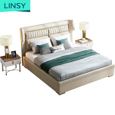 China Linsy Leather Modern High Back Bedroom Luxury Bed King Size Furniture Multifunction Bed R316 for sale