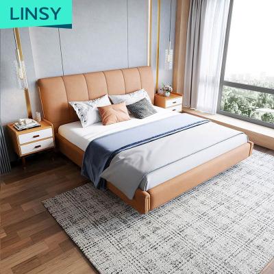 China Linsy Luxury Modern Wooden Furniture Storage King Size Set Bedroom White Genuine Leather Bed Frame R292 for sale