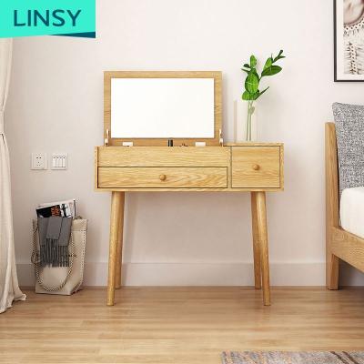 China Linsy Family Small Bedroom Dresser Rock Table Modern Makeup Dish Chest Of Drawers With Acrylic Mirror Makeup Storage Table EN1C for sale