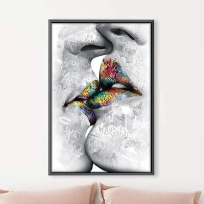 China Lover Kiss Street Modern Graffiti Art Canvas Painting With Floating Frame Poster Wall Art Picture Living Room Decor Home for sale