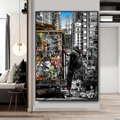 China Modern Man With Car Banksy Graffiti Art Canvas Painting On Wall Art Poster And Print Modern Street Decor Home Picture for sale