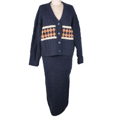 China Anti-wrinkle ladies casual style sweater knit wool color blue skirt suit/acrylic cardigan jacket coat for sale