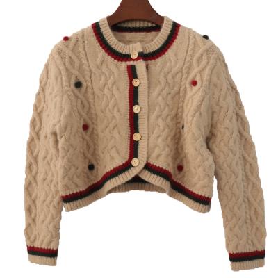 China 2021 New Women's High Quality Anti-pilling Fashion Cardigan Sweater Button Rope Bobo Ball Knitted Sweater for sale