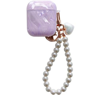 China Fashion Lavender Purple Unique Shell Pattern Pearl Chain Soft Flower Enamel Lace Metal Earphone Wireless Case Cover For Airpod 1/2 pro for sale