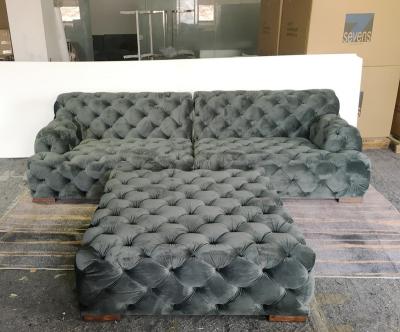 China Modern Velvet Fabric Classic Button Adorning Gray Color Chesterfield Sofa for sale