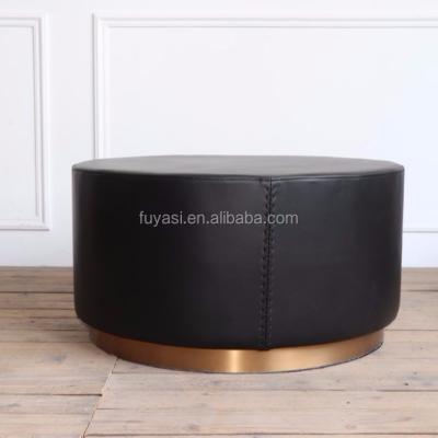 China Coffee table vintage black leather top and gold color plating brushed round coffee table side bottom table for sale