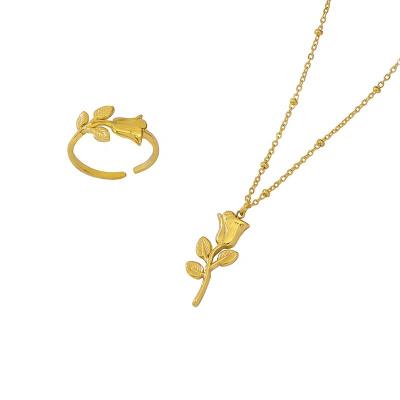 China TRENDY Valentine's Day Jewelry Set 18k Gold Plated Flower Ring Necklace Set Stainless Steel Rose Flower Necklace Ring Set for sale