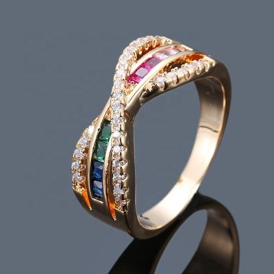 China Vintage Jewelry Simple Bling CZ Exquisite Zircon X Shape Shiny Rainbow Crystal Ring For Party Rings for sale