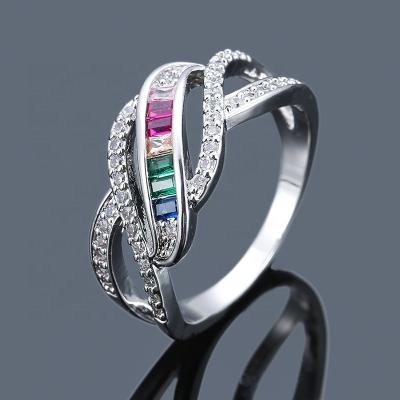 China Luxury Casual/Sporty Women Wedding Ring Women Girls Full Diamond Crystal Finger Ring Wedding Engagement Party Rainbow Zircon Ring for sale