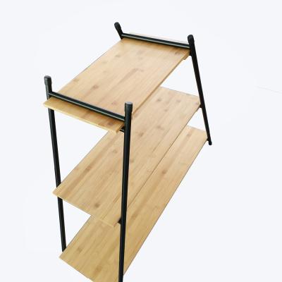 China Bamboo 3 Tier Metal Plant Folding Camping Shelf Stand Organizer Storage Rack Durable/Foldable Commodity Shelf for sale