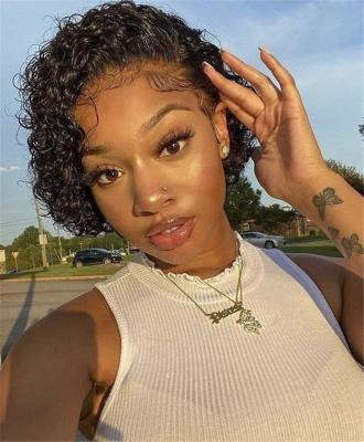 China Hot Beauty Brazilian Virgin Hair Pixie Curly Short Hair Full Lace Wig 4x4 13x4 Full Lace Wig For Black Women for sale