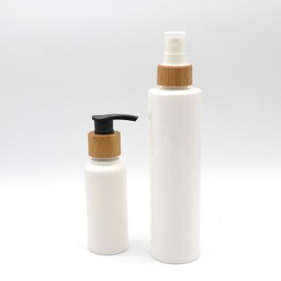 China 100% Recycable Biodegradable Container Custom Plastic White Toners Bottle With Bamboo Spray Lotion Pump for sale