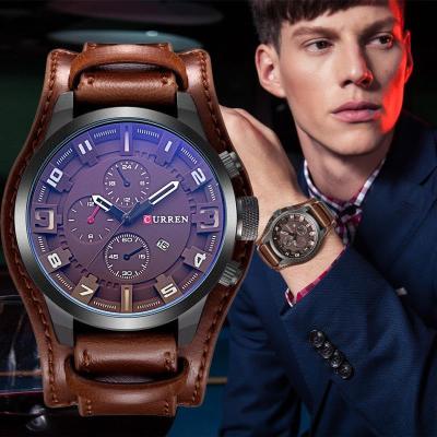 China CURREN 8225 Day/Date Watches Men's Sports Wristwatch Half Hour Calendar Clock Men's Luxury Waterproof Genuine Leather Big Dial Luminous Watch for sale