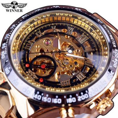 China WINNER Watch Men Gold Clock Waterproof Skeleton Design Retro Fashion Stainless Steel Mechanical Automatic Mens Wristwatches Male Watches for sale