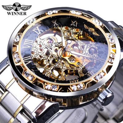 China Fashion Winner Luxury Male Mechanical Skeleton Wrist Watch Diamond Luminous Gear Movement Royal Design Waterproof Transparent Top Brand Men for sale