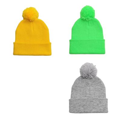 China Wholesale COMMON Baby Kid Logo Knitted Acrylic Winter Kids Custom Beanie Hat with Pom Pom for sale