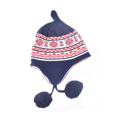 China Character Winter Jacquard Warm Weave Child Navy Blue Blend Earflap Hat With Pompom for sale