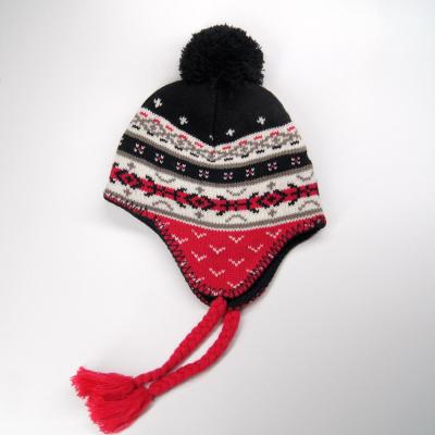 China New Design Winter COMMON Warm Jacquard Knitted Ear Flap Hat With Big Pom And Braid for sale