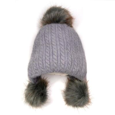 China New COMMON Design Winter Warm Woolen Cable Women Knit Hat With Fur Pom Pom And Earflap for sale