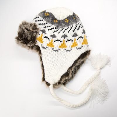 China New Design COMMON Winter Kids Warm Jacquard Knitted Plush Fur Earflap Wool Hat for sale