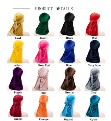 China Decorate Many Color Velvet Men's Long Tail Silky Pirate Hat Reflective Hood Durag for sale