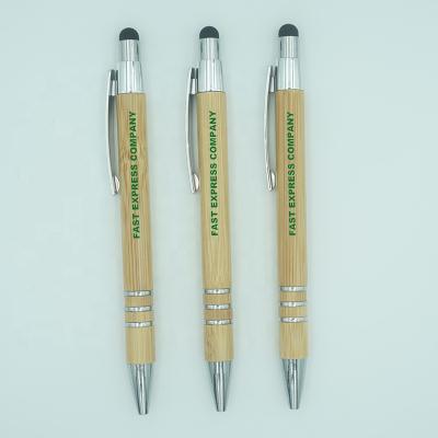 China Promotional Pen Wholesale Bamboo Barrel Metal Clip Chromed Ball Balances Personalized Pen With Soft Stylus for sale