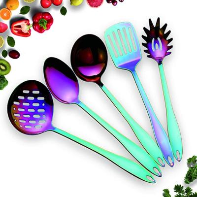 China Sustainable Stainless Steel Kitchen Utensil Set-5 Cookware Set, Rainbow Color Non-Stick Cooking Utensils Set for sale