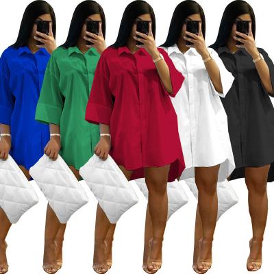 China Viable 2022 plus size ladies dress spring solid color loose casual shirt lapel neck plus size dress for sale