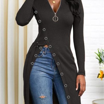 China Other 2022 New Arrivals Women's Sweater Plus Size Knitted Shirts Designer Clothes Sexy Rib Long V-Neck Sleeve Slit T-Shirt for sale