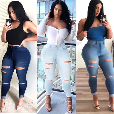 China Breathable Jeans Pants High Waist Stretch Ripped Jeans Logo Printed Female Custom Made For Women Pencil Breathable Pants Mid Waist Blue for sale