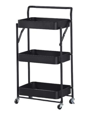 China Multifunctional Storage 3 Tier Rolling Cart With Wheels Black Metal Utility Cart With Handle Rolling Storage Trolley Cart Organizer for sale