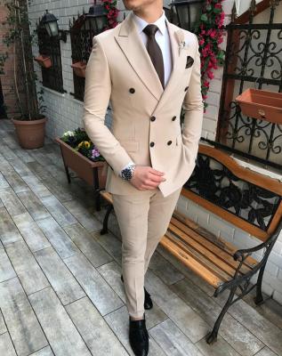 China Anti-wrinkle Customized (Blazer+Pants)New Beige Men's Suit 2 Pieces Double-breasted Notch Lapel Flat Slim Fit Casual Tuxedos For Wedding for sale