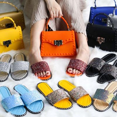 China 2021 New Arrival High Quality Fashion Women Sandals Luxury Tote Handbags and Handbag Sets Ladies Freeze Purse Bag and Flat Slipper Slides Set for sale