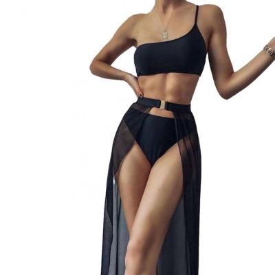 China 2022 Hot Sale Sexy Teens Breathable Three Piece Bikini Beachwear Cover Up One Shoulder Bandeau Swimsuit Women Swimwear for sale