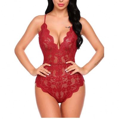 China Adjustable Criss Cross Ties One Piece Lingerie Deep V Teddy Sexy Lace Bodysuit Women Shiny Plus Size Sexy Lace Babydoll Lingerie for sale