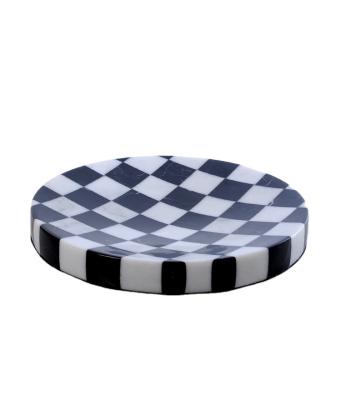 China Black and White Checkered Tableware Kitchen Accessories Fruit Dish Tray Round Natural Marble Dish Tray for sale