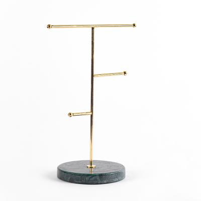 China Wholesale natural marble stone+metal T-bar hanging display stand round jewelry marble base gold stand rotating watch display stand for sale