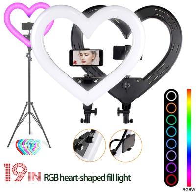 China Shine tiktok ring light 18 inch heart shaped portable dimmable rgb colorful rainbow led ring light with stand change color for sale